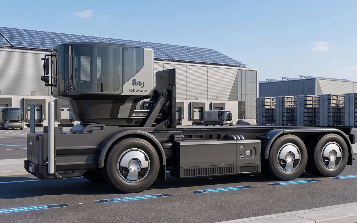 RoboStreet One R1 original Class 8 electric robotic cab and chassis at a solar-powered depot