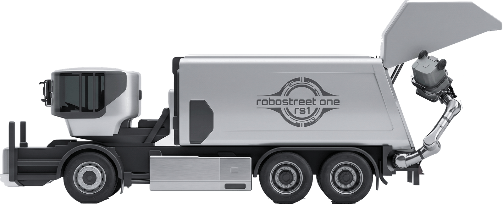 robostreet one rs1 — R1-based electric refuse truck with robotic collection arm lifting a bin