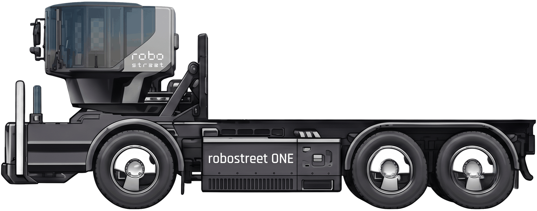 RoboStreet One R1 cab and chassis — side view with open upfit deck and hidden under-frame battery