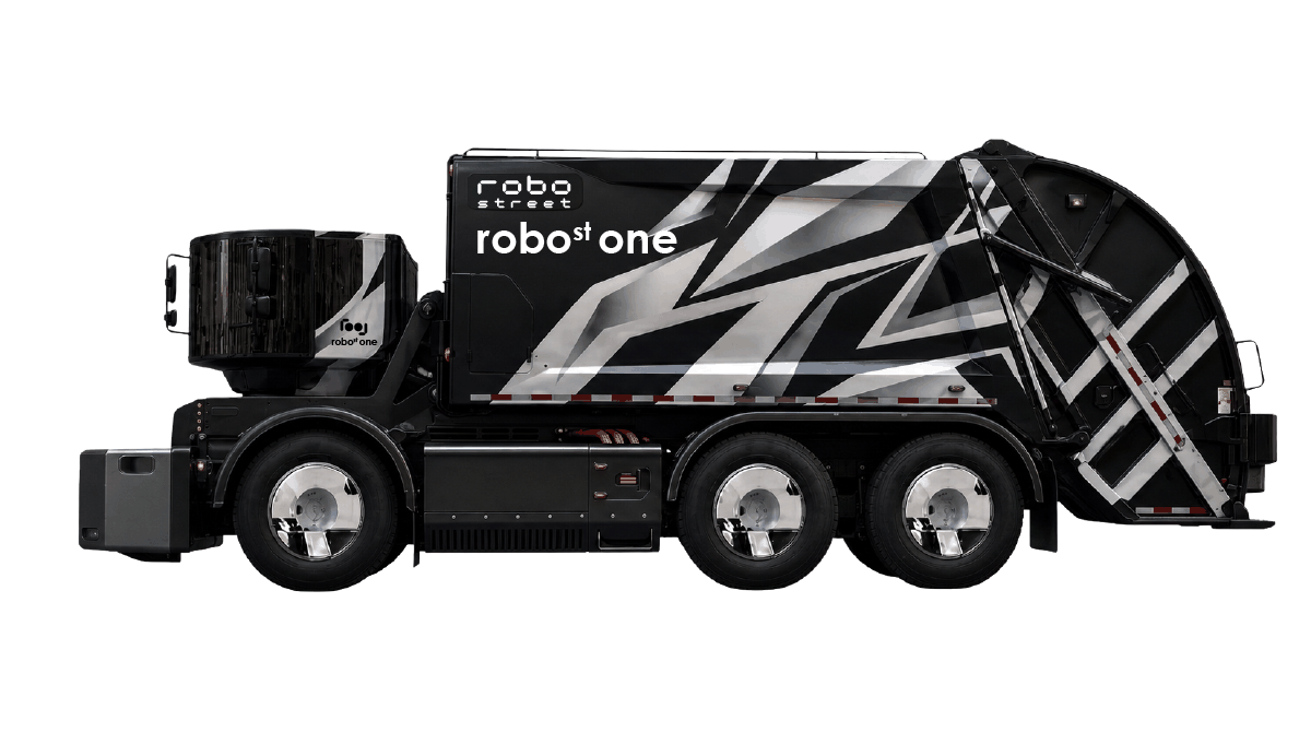 robostreet one — R1-based electric rear-loader refuse truck in black-and-white livery, side view